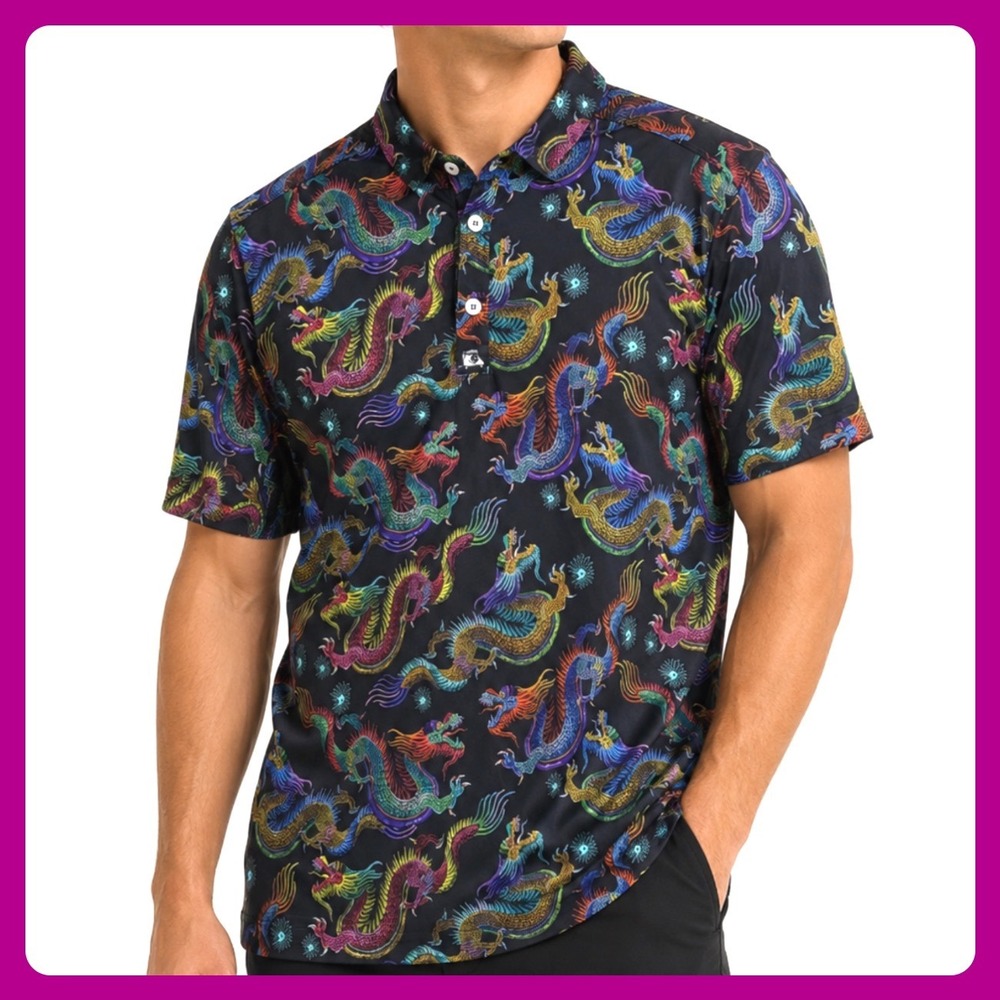Sunday Swagger Dragon Print Golf Polo Men MEDIUM Black Performance Short Sleeve